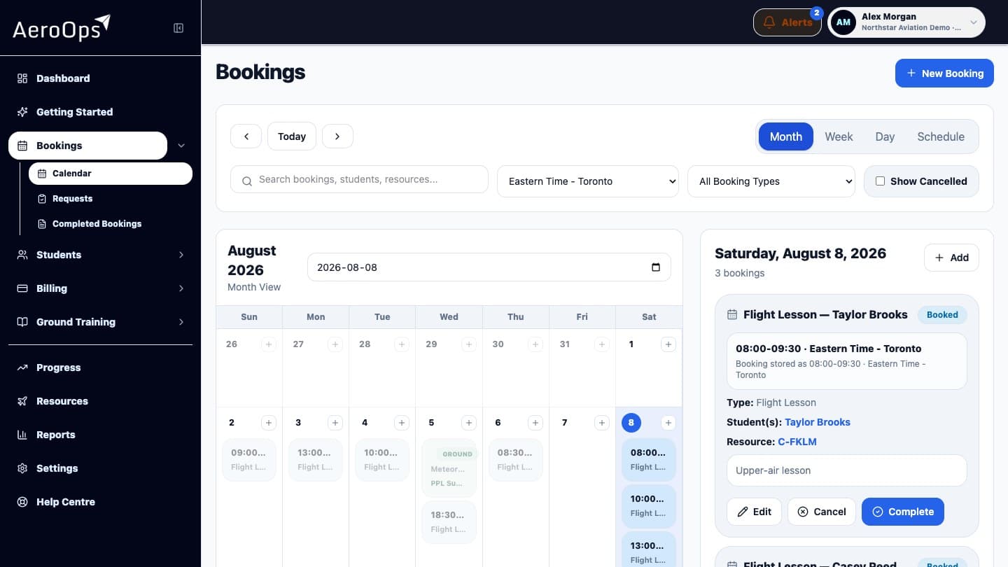 AeroOps Freelance monthly calendar populated with fictional instructional bookings