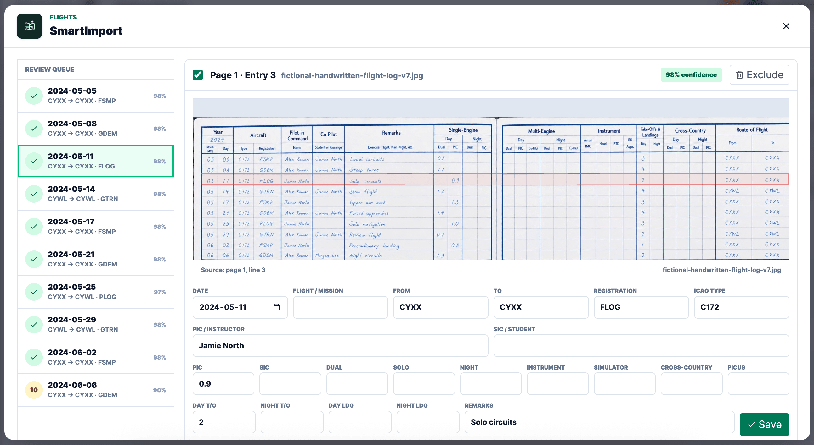 AeroOps SmartImport review queue with a highlighted fictional handwritten logbook entry and editable flight fields