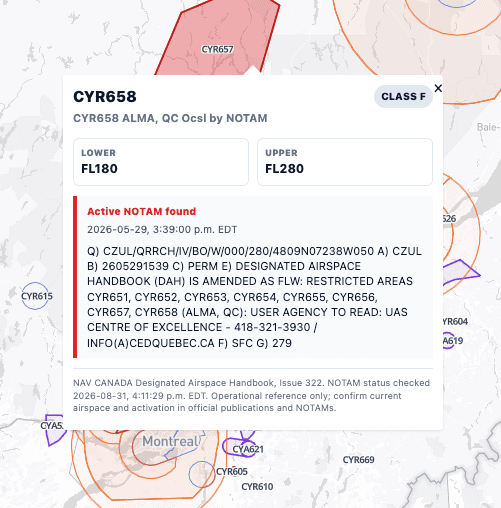 Detailed Class F airspace and active NOTAM information