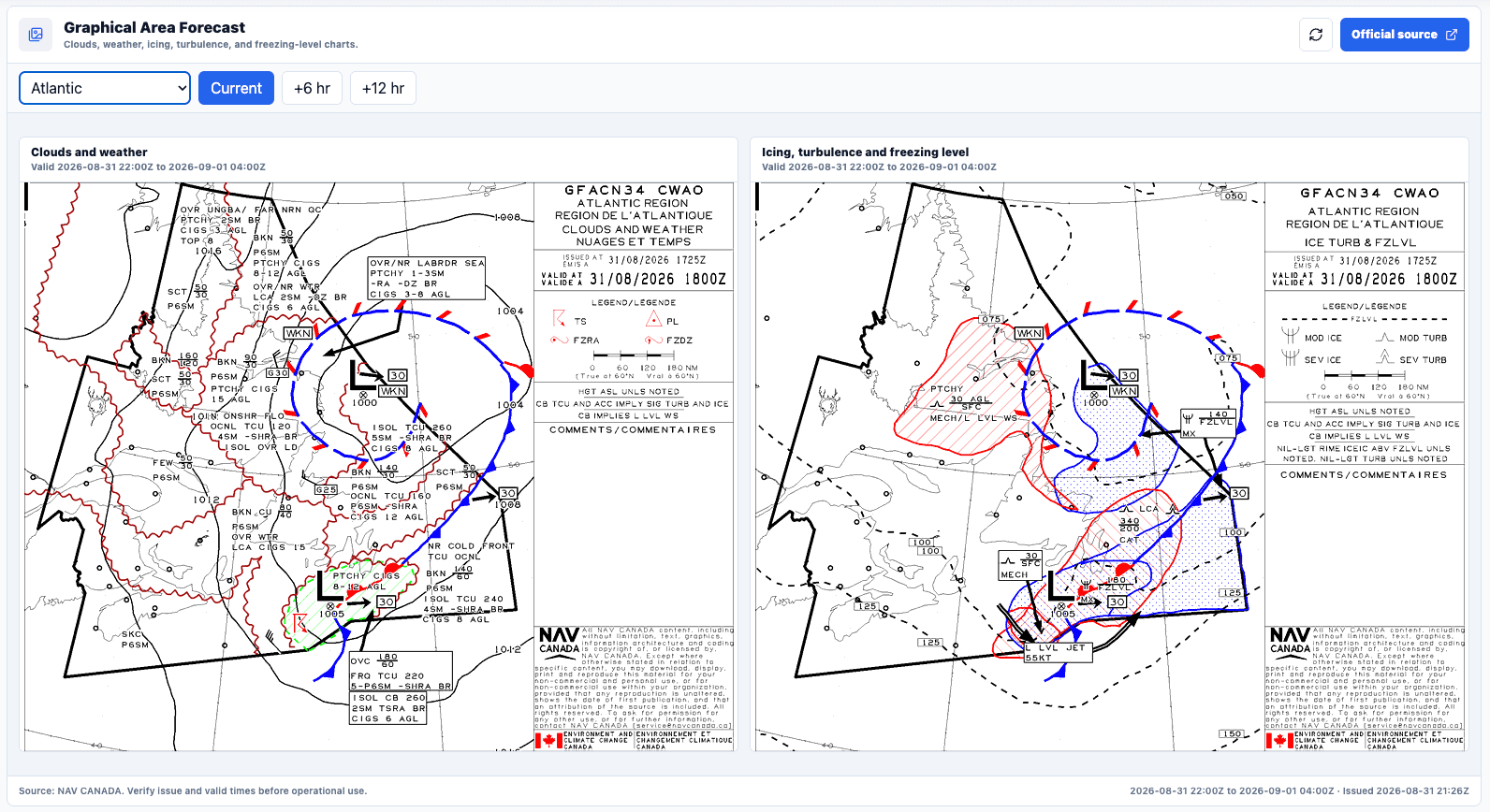 Graphical Area Forecast products used to assess clouds, weather, icing, turbulence and freezing levels