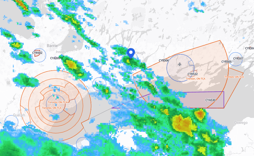 Radar precipitation overlaid with route-relevant controlled airspace and NOTAM areas