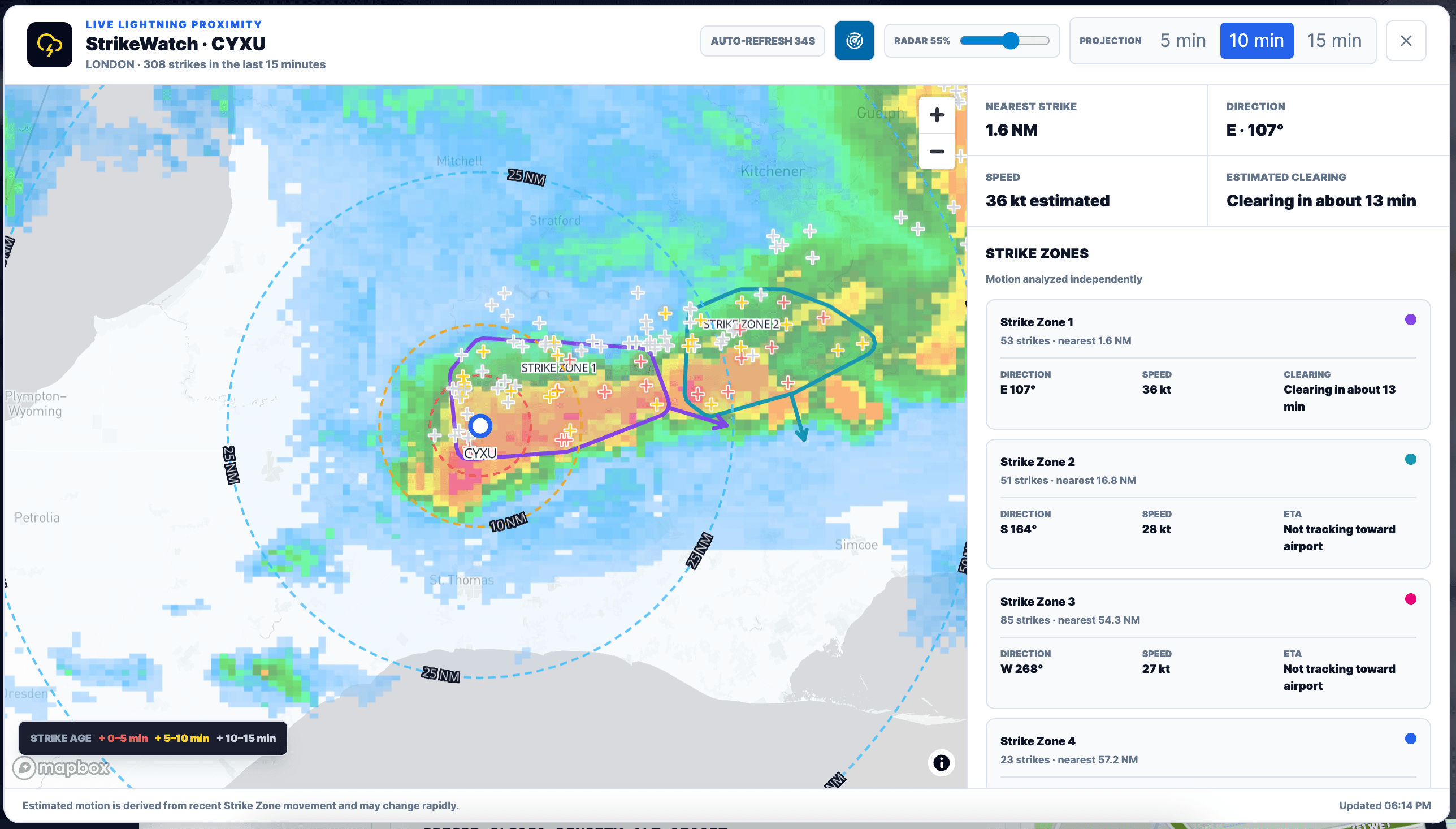 AeroOps StrikeWatch showing lightning strikes, radar, airport proximity rings, projected Strike Zone movement, and clearing estimates