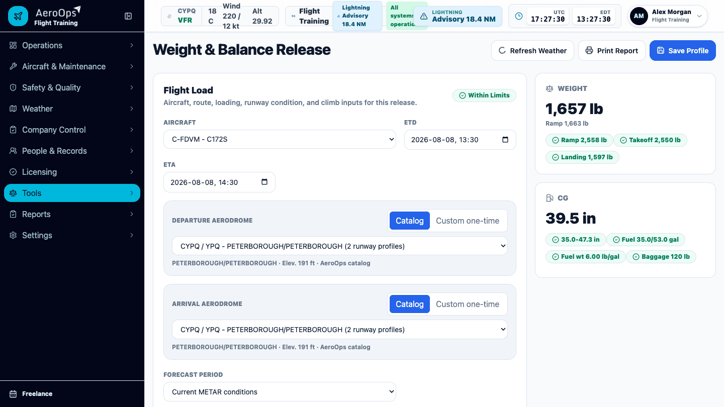 AeroOps Performance weight and balance release using a fictional aircraft