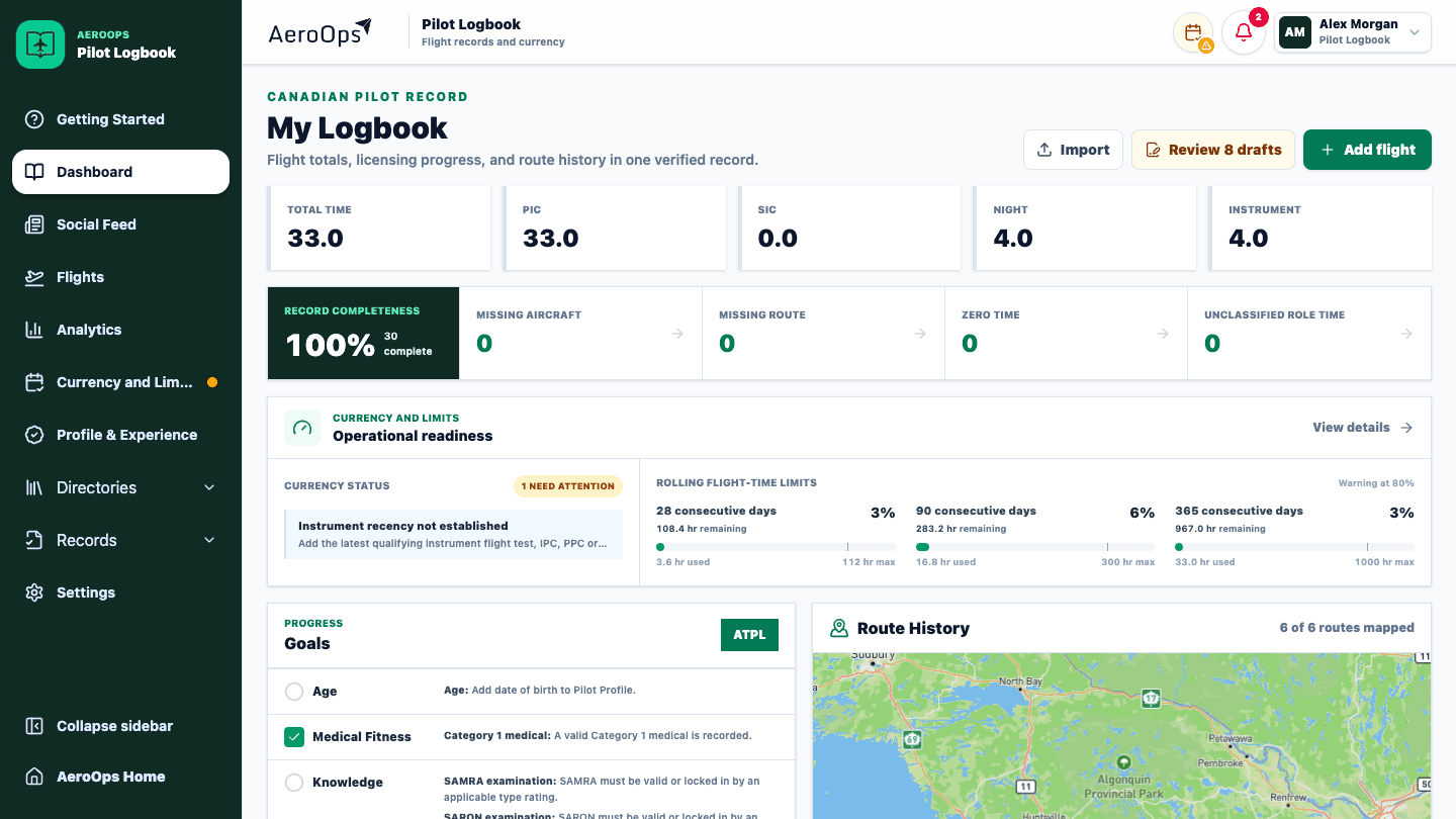 AeroOps Logbook overview showing flight records, totals and experience analytics